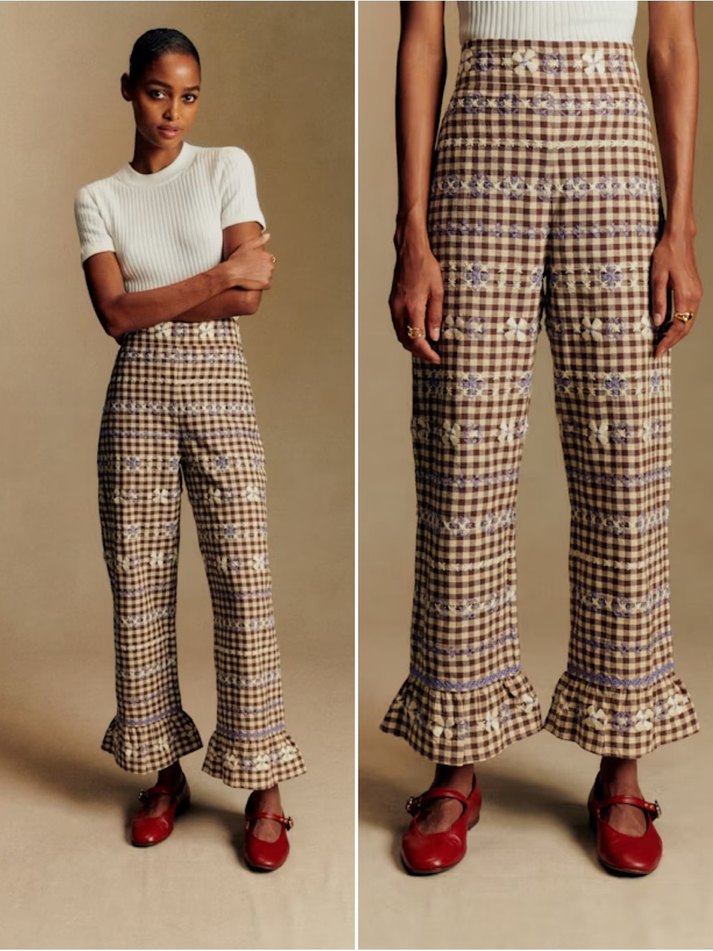 Sezane Alexio Trousers Lila Brown Gingham Embroidered Pants Size 2